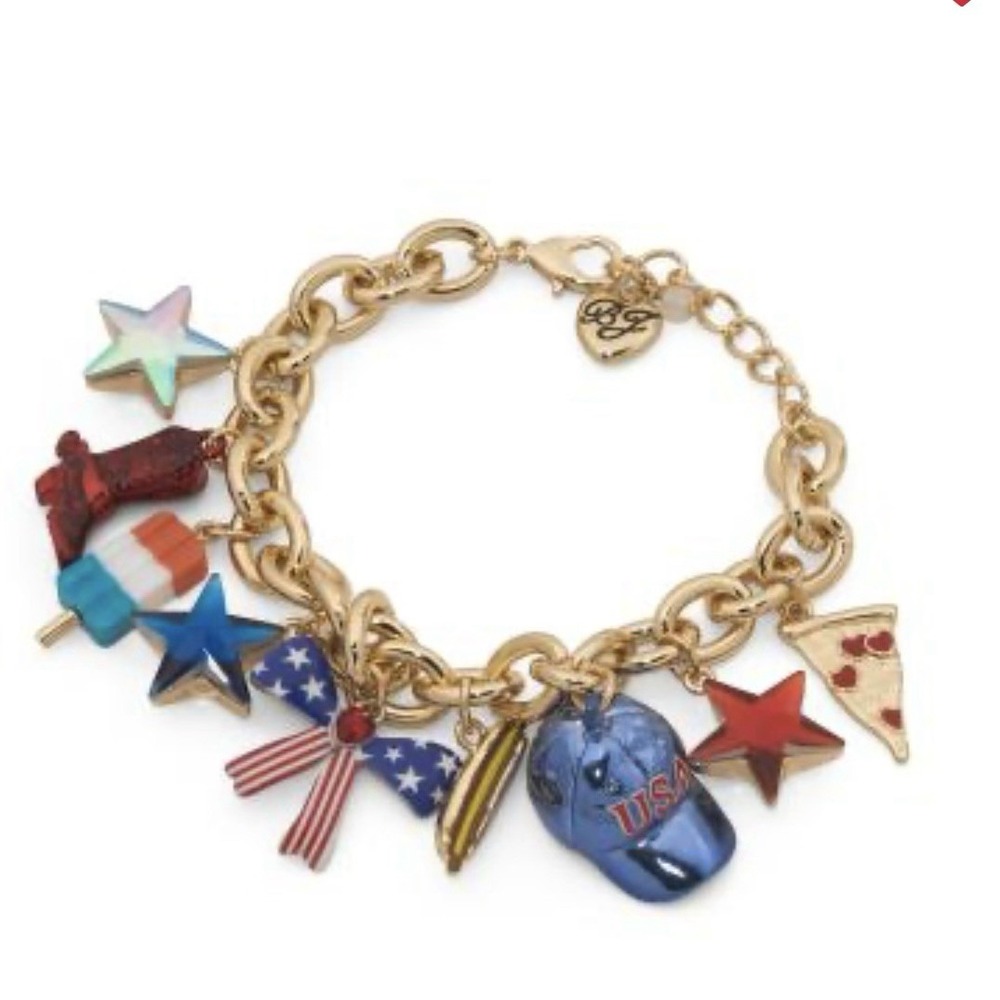 Betsey Johnson Patriotic Set Matching Charm Necklace & Bracelet Americana USA - Picture 2 of 6